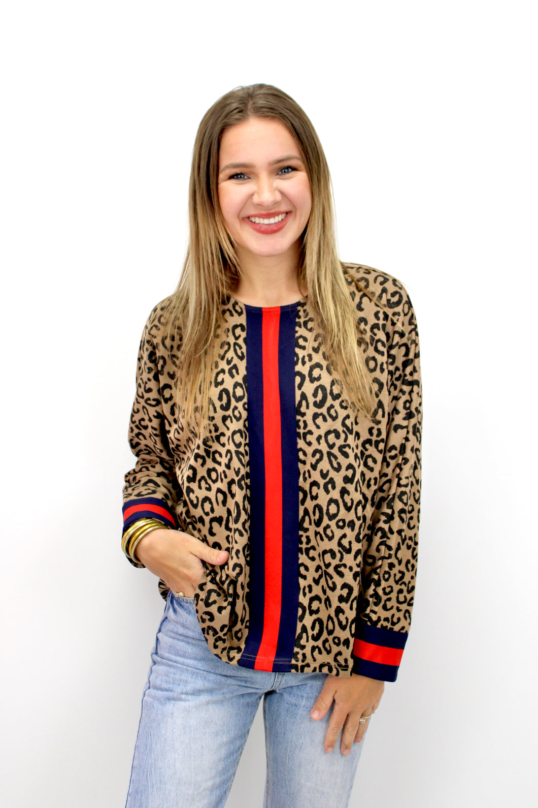 Navy red leopard top