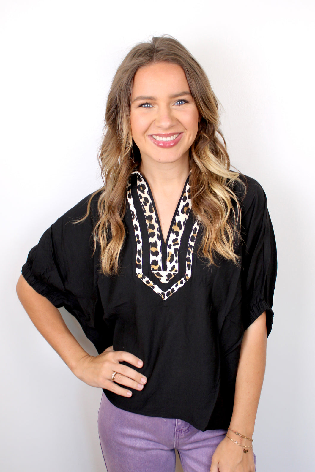 Black Leopard v neck top
