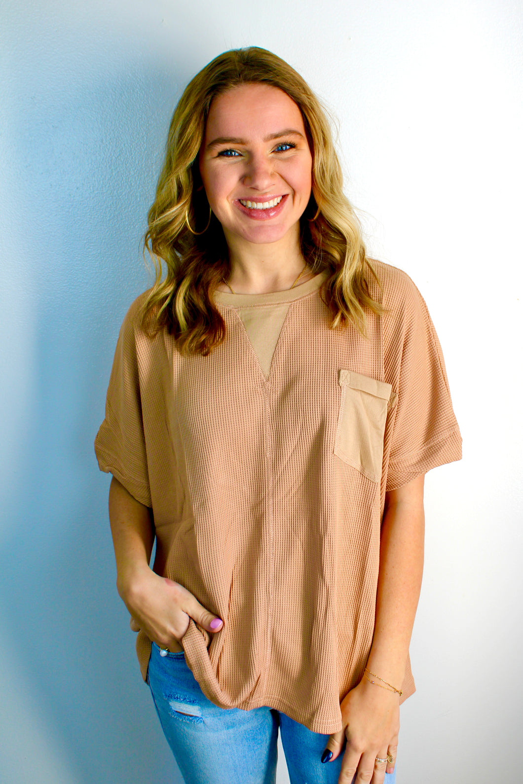 Taupe waffle knit top
