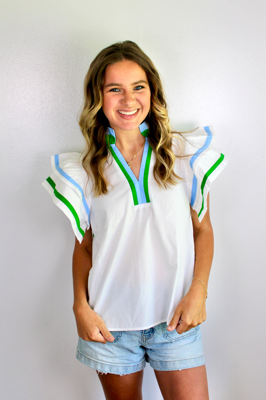 Green blue white ruffle top