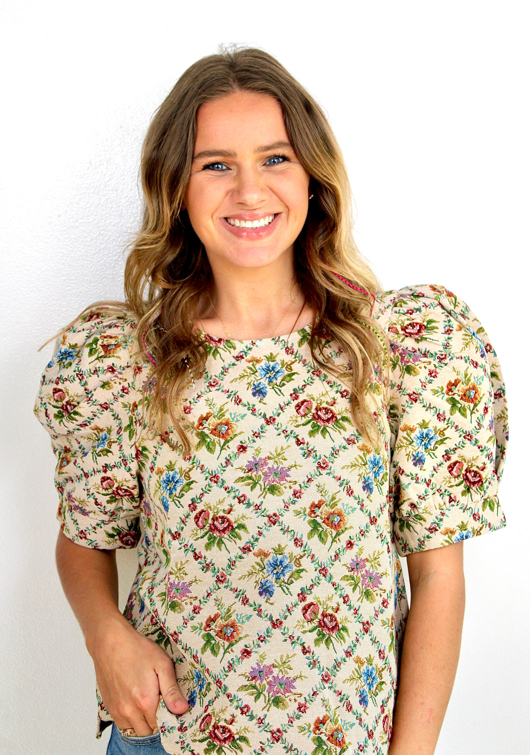 Taupe floral puff sleeve top