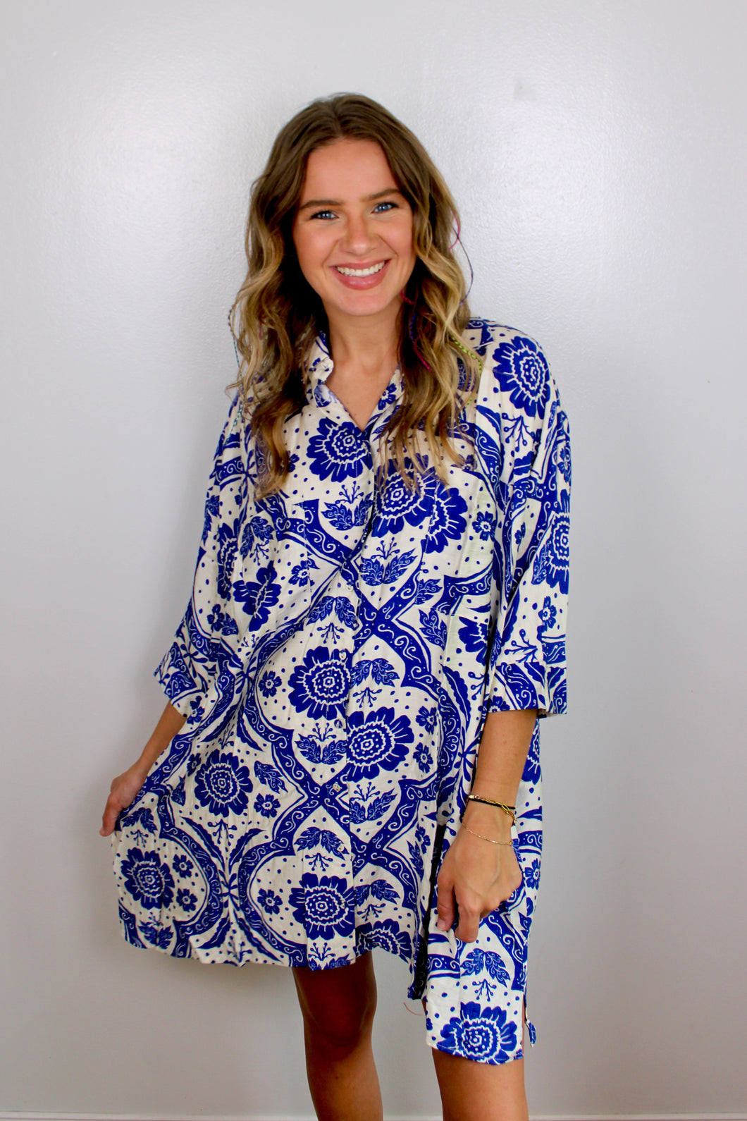 Blue floral button dress