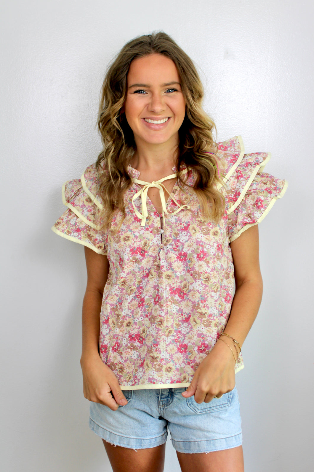 Pink butter yellow floral ruffle top