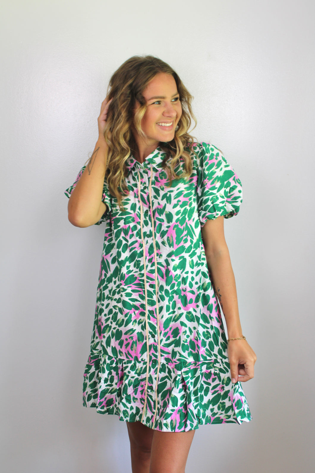 green pink white button dress