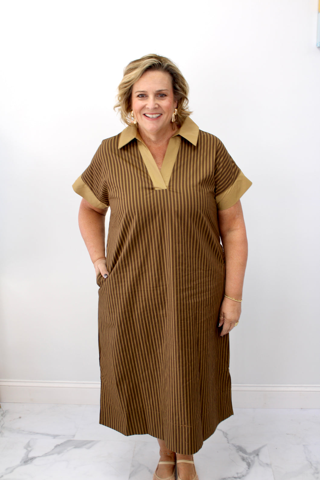 Brown collared stripe dress