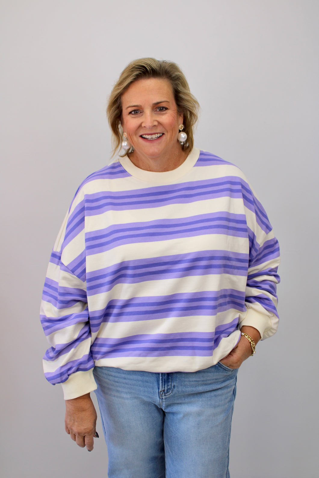 Purple ivory stripe pullover top