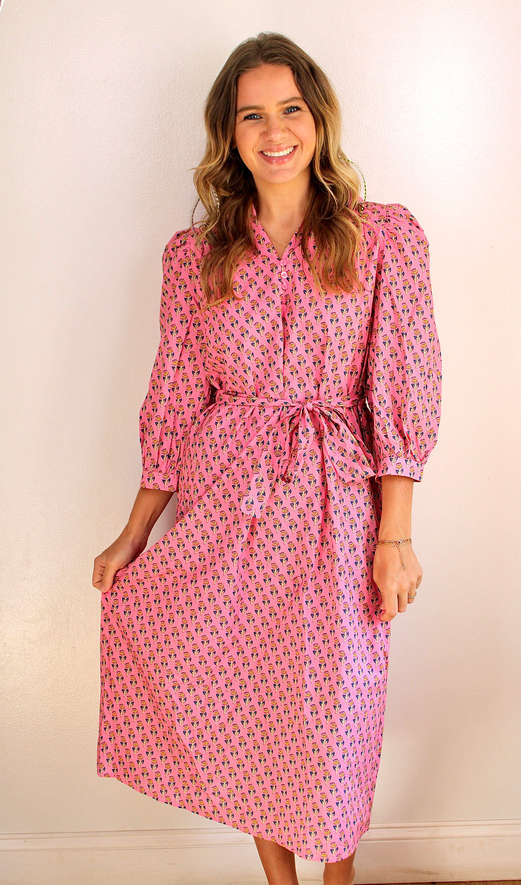 Pink floral tie dress