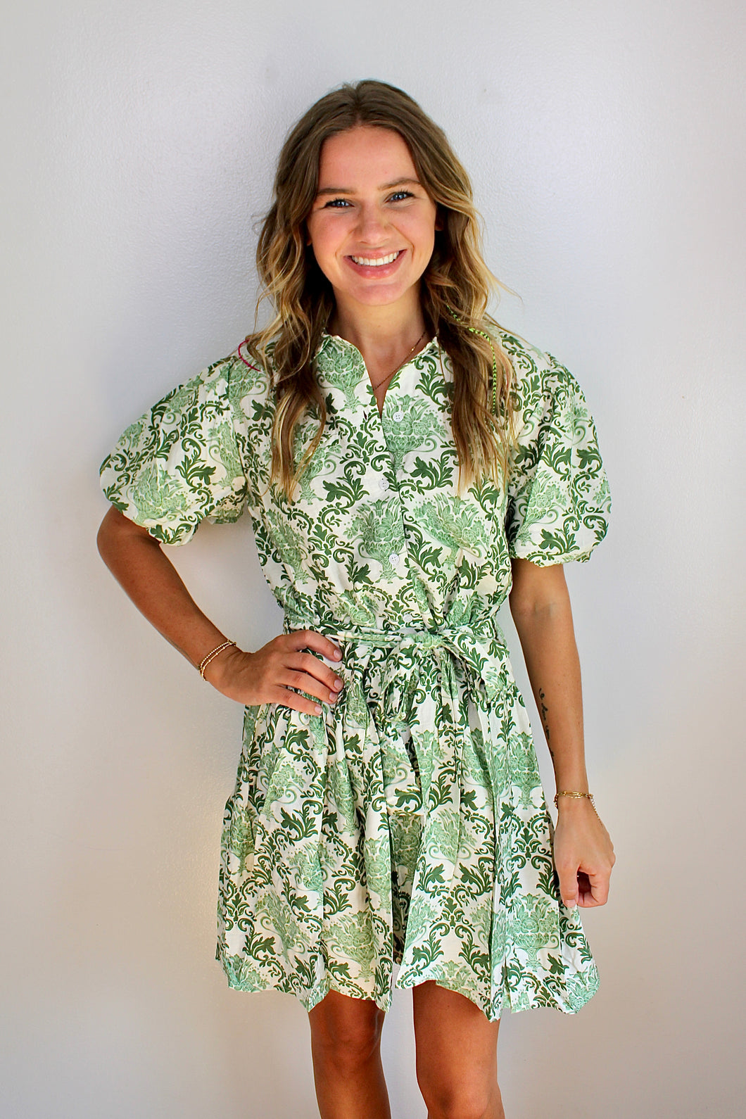 Green floral button dress
