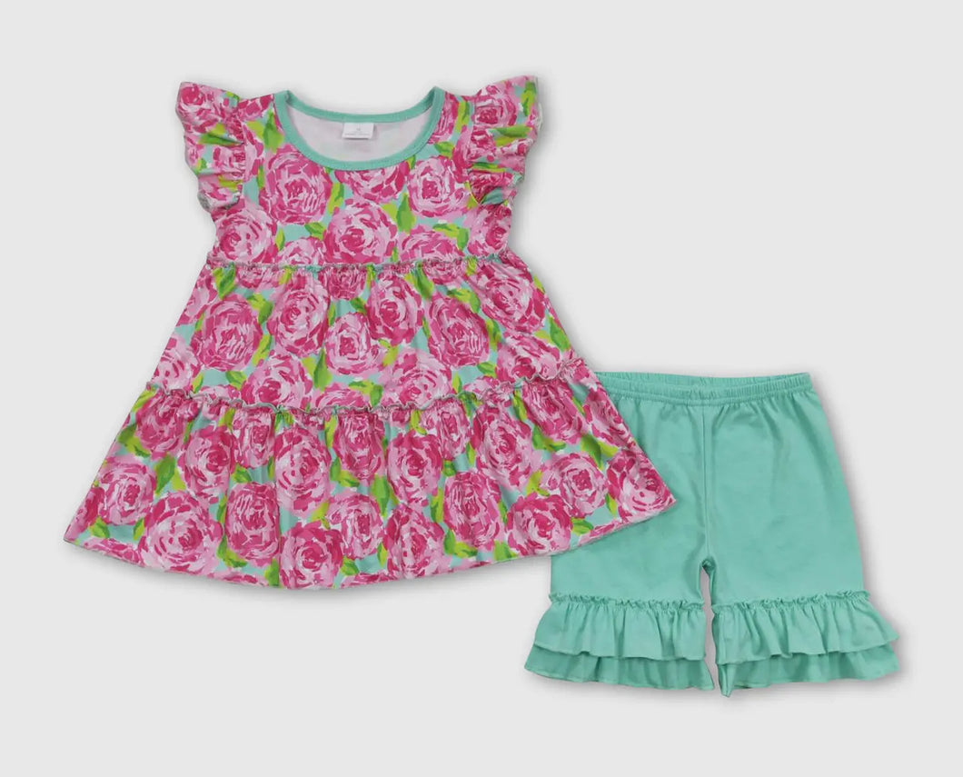 Pink mint floral shorts set