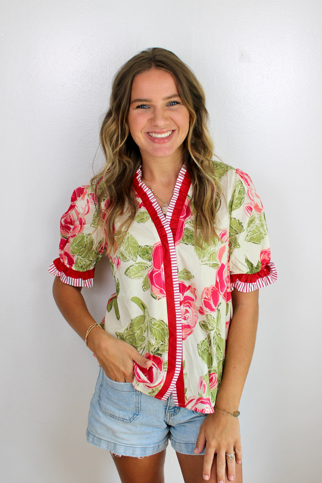 Pink green stripe floral top