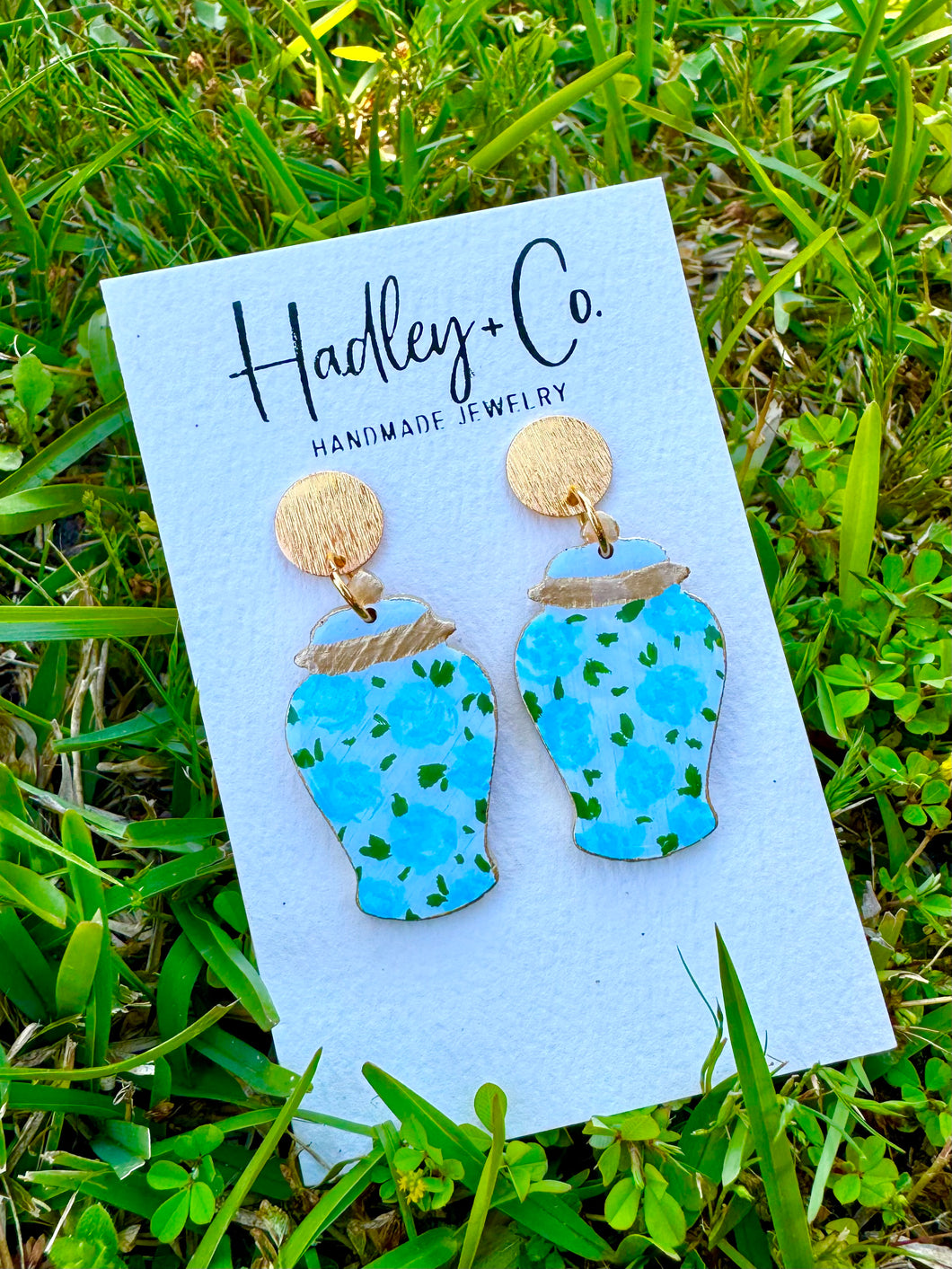 Blue floral ginger jar Hadley + Co earrings