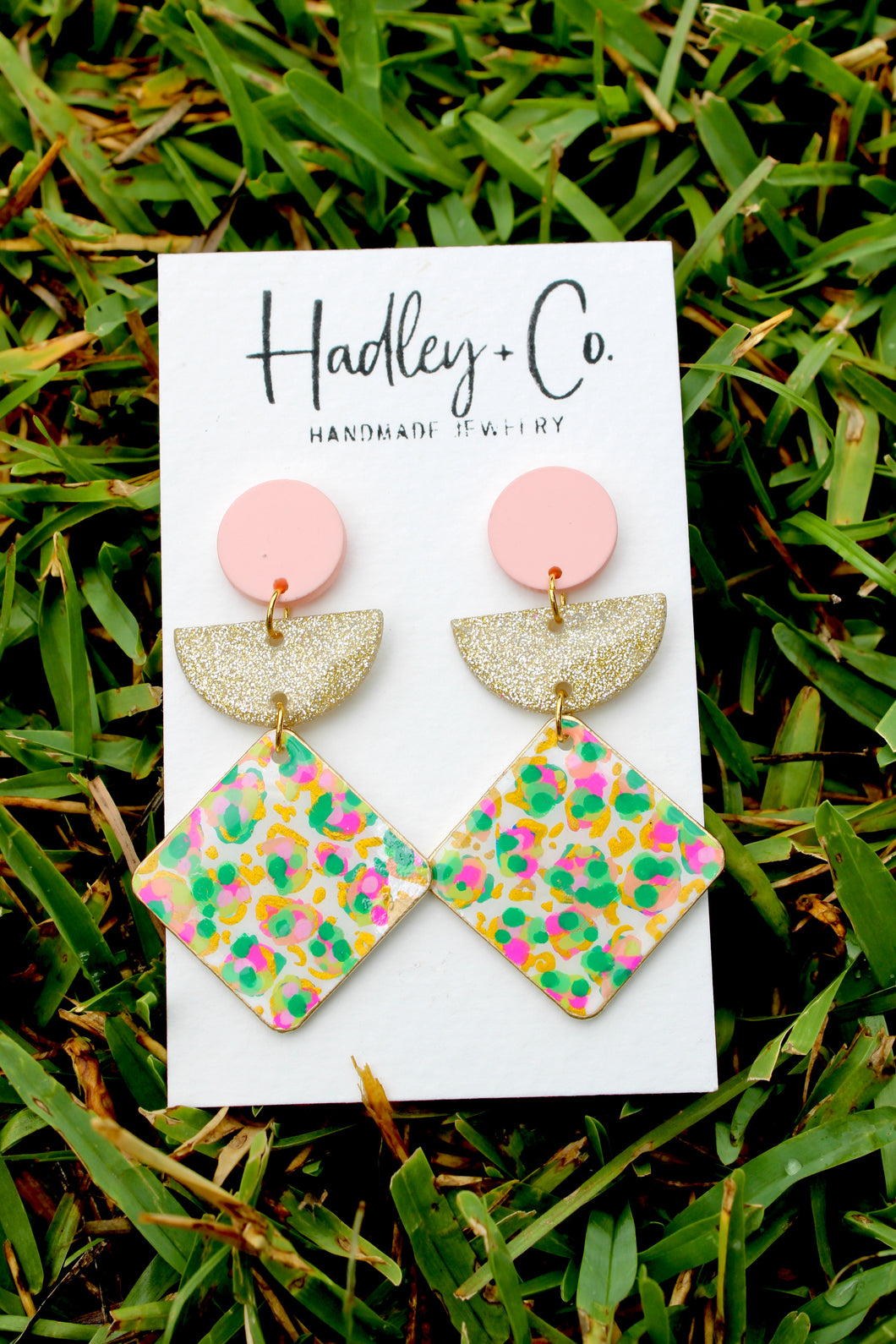 Green pink gold spotted Hadley + co earrings