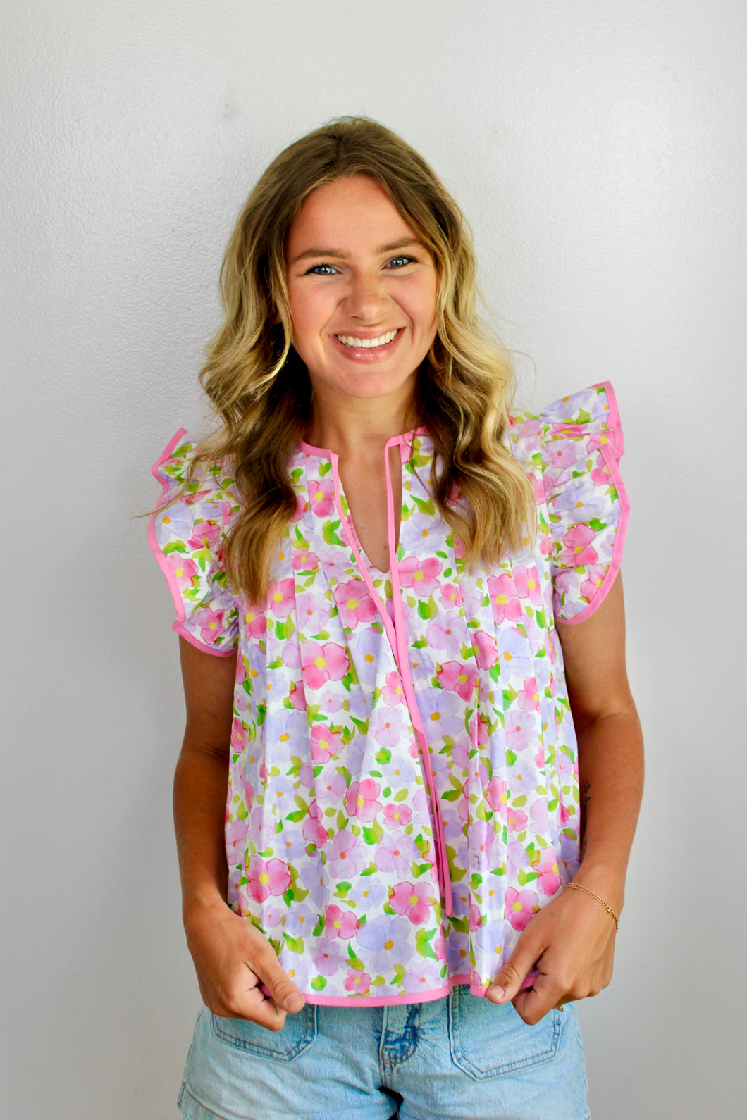 Pink floral ruffle sleeve top