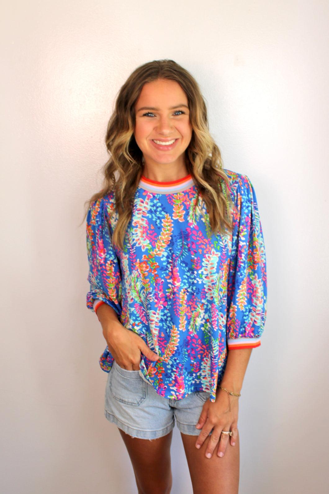 Blue reef 3/4 sleeve top- last chance