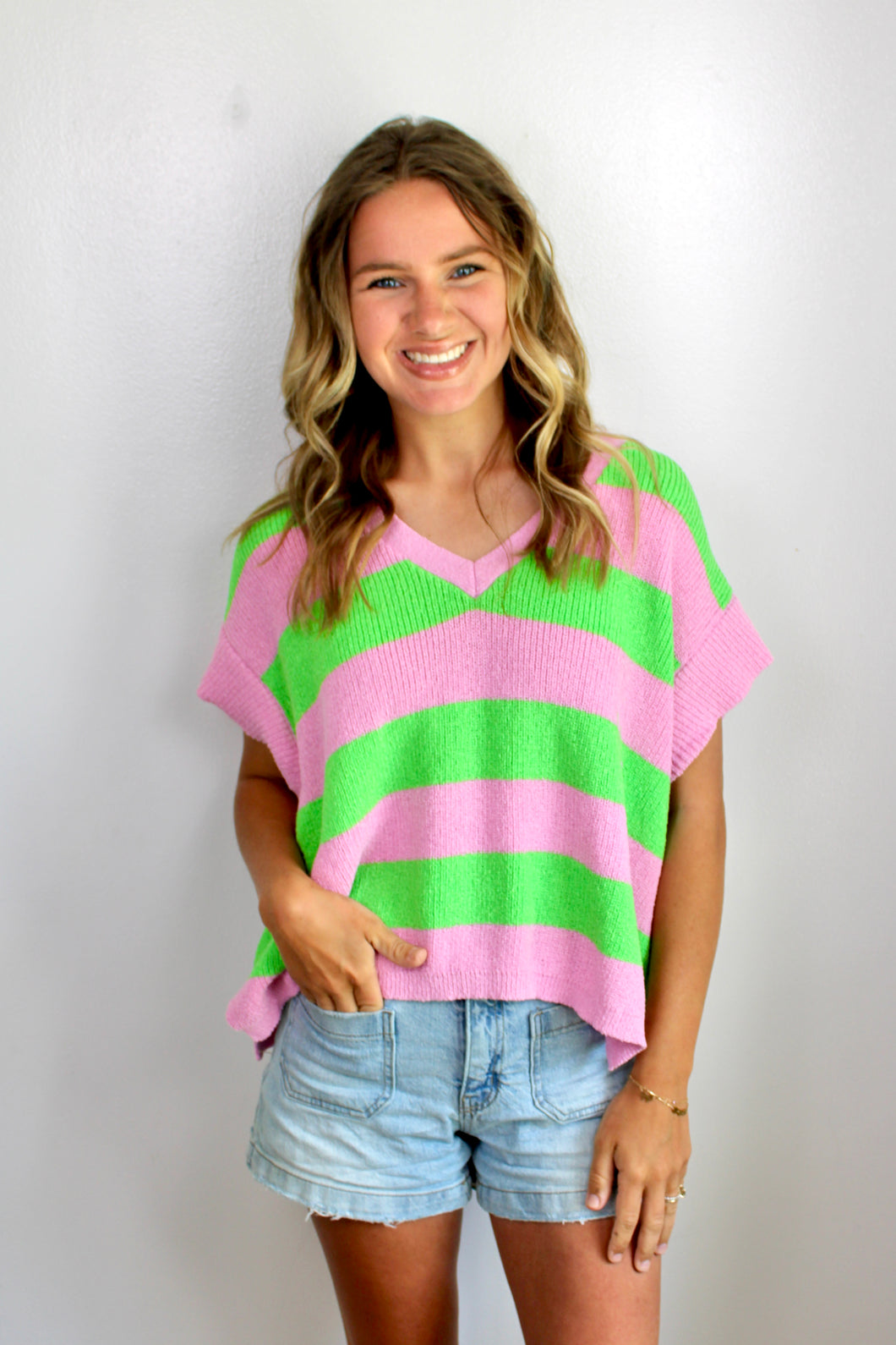 Green pink v neck knit top- last chance