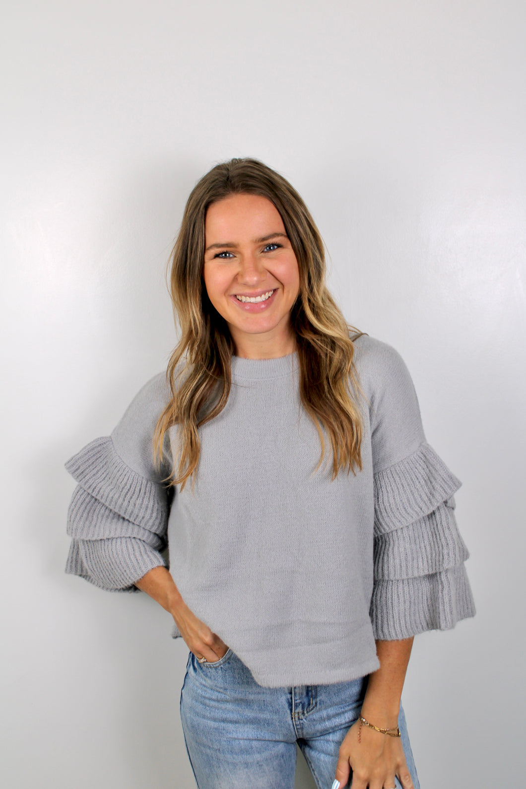 Grey ruffle sleeve top