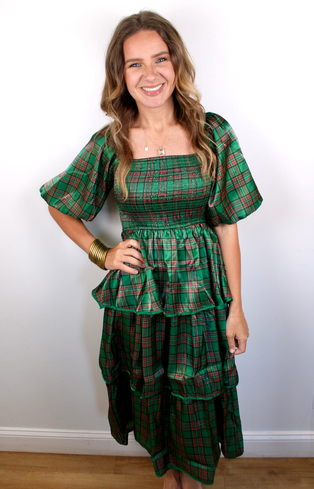 Green plaid dress