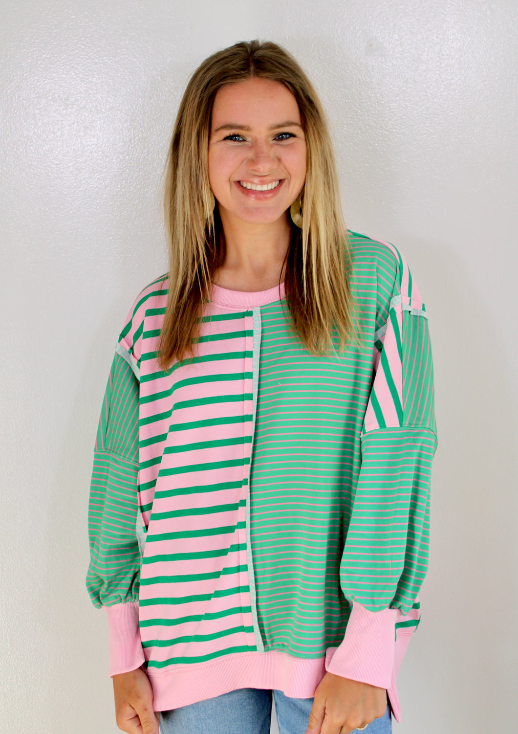 Pink green oversized pullover top