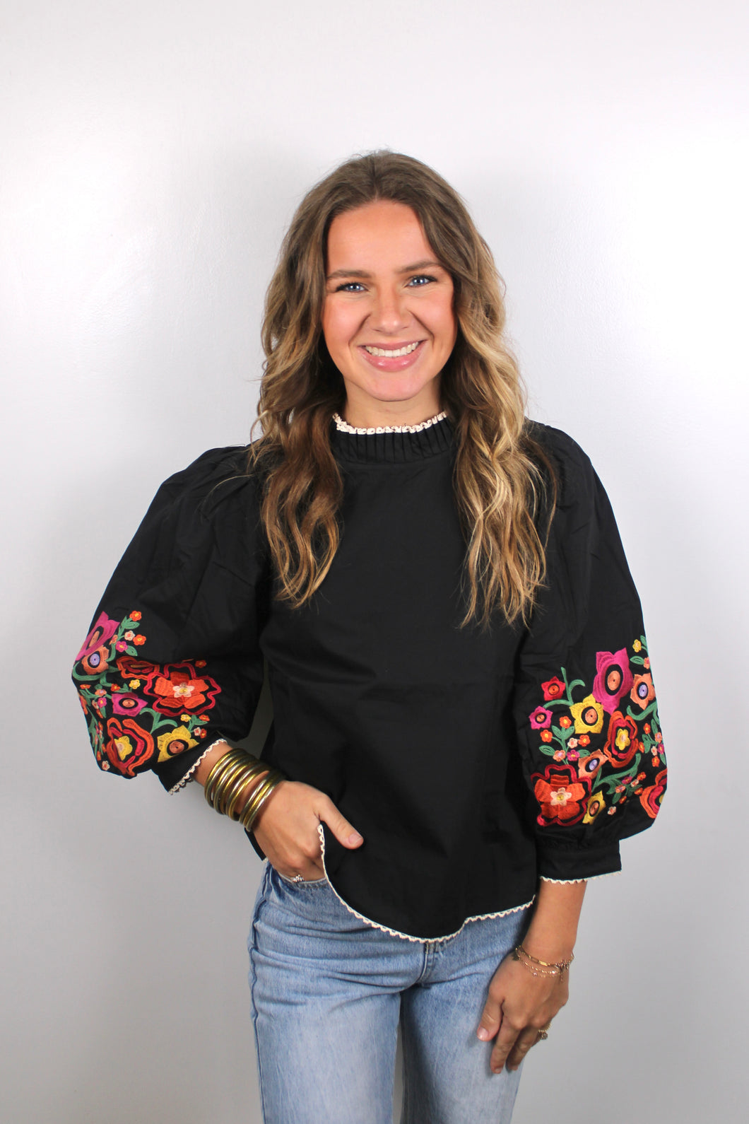 Black puff sleeve floral embroidered top