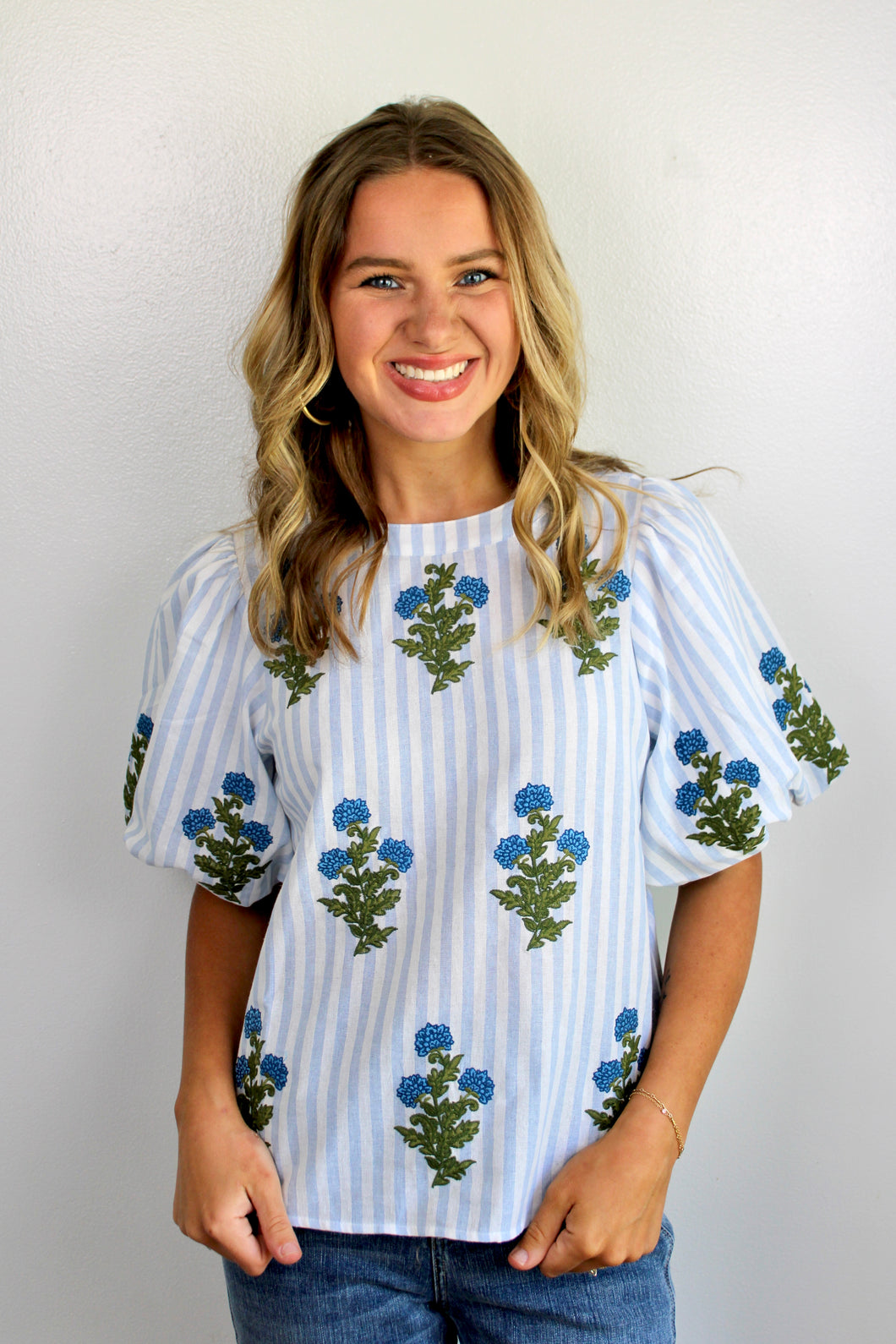 Stripe floral embroidered top