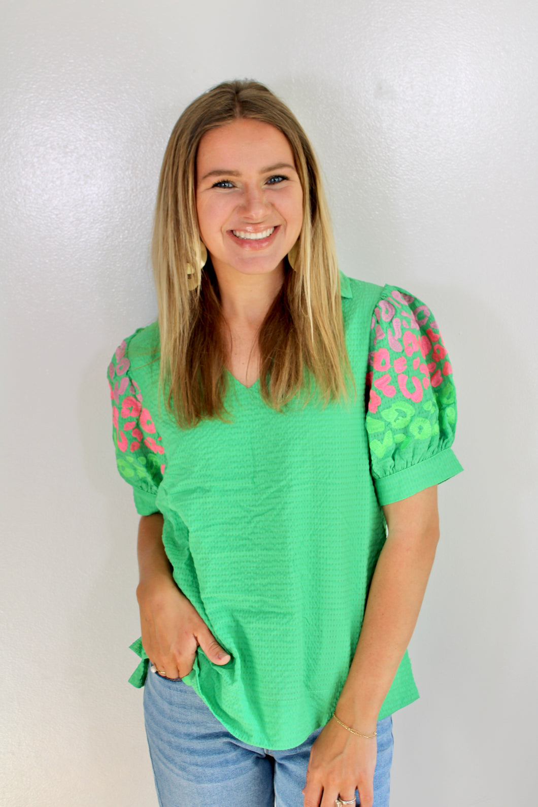 Green leopard embroidered top