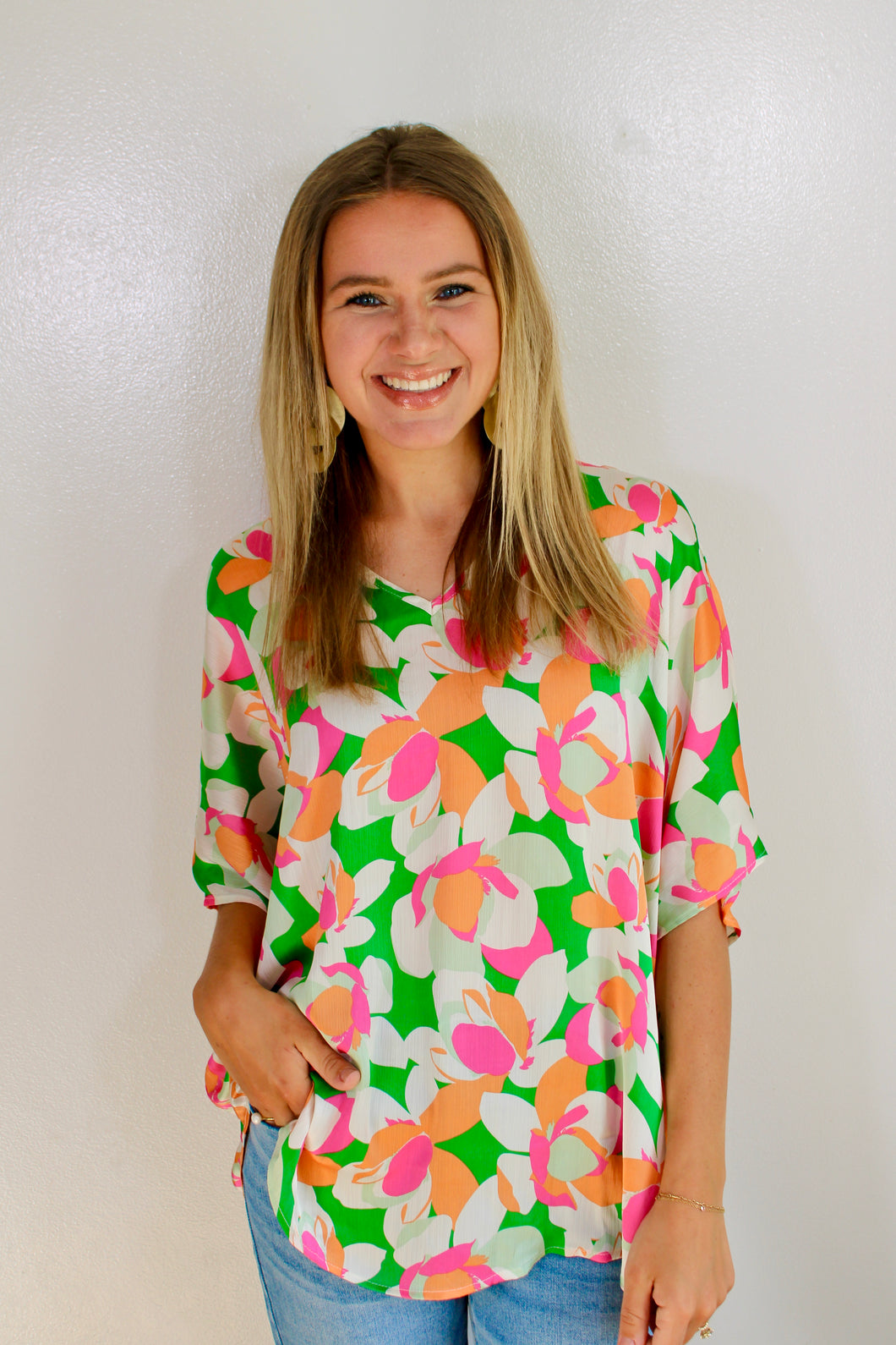 Green pink mix floral top