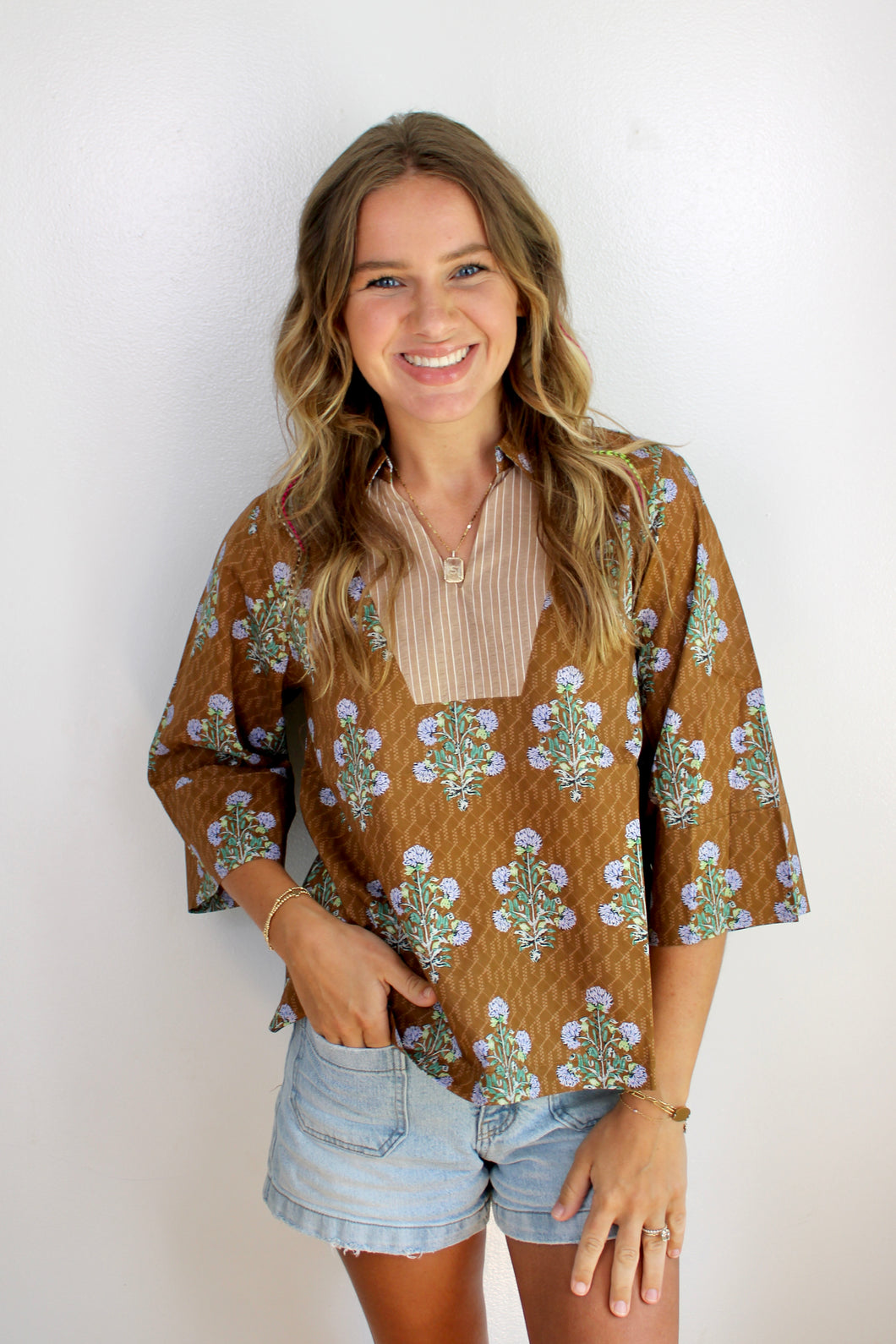 Brown floral stripe top- last chance