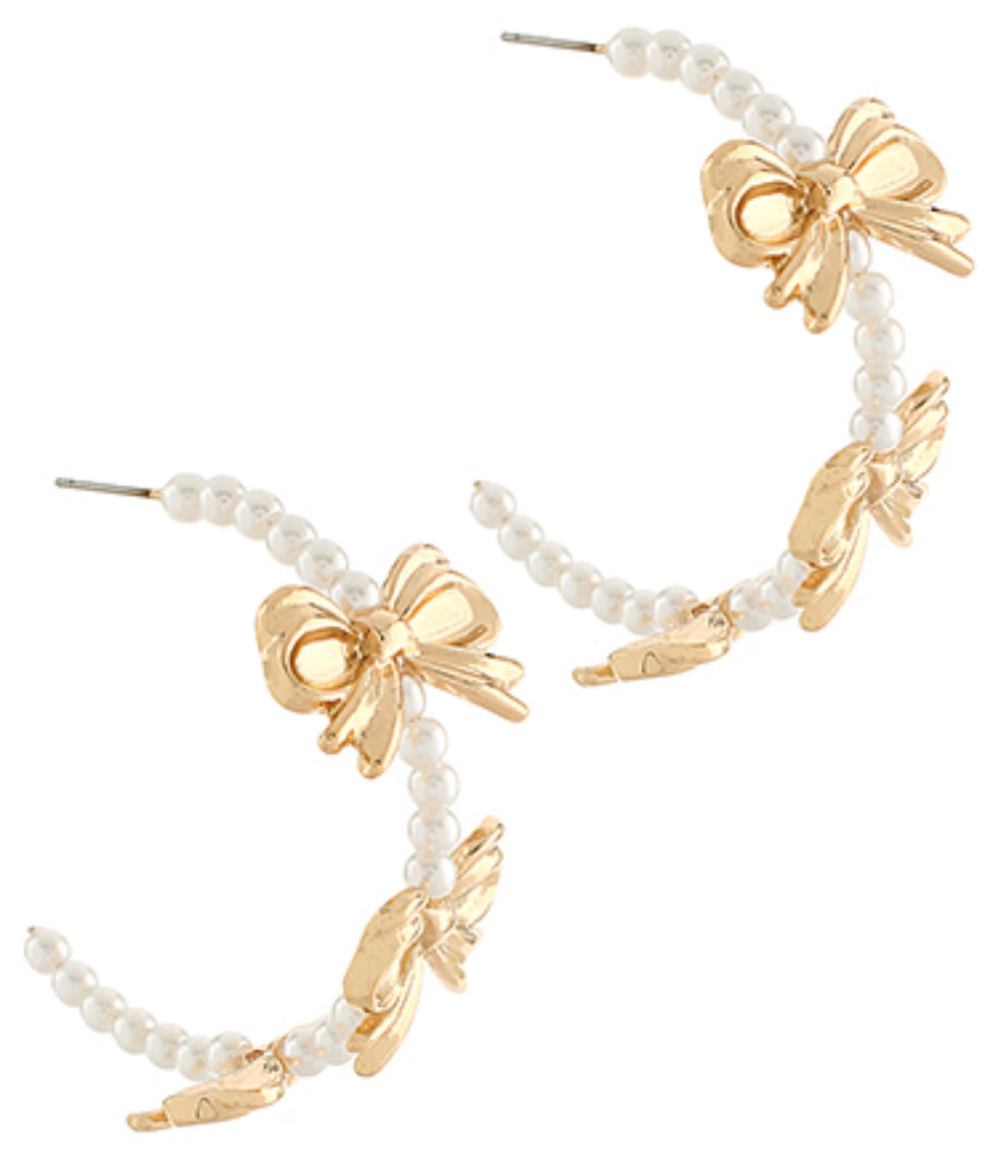 Pearl bow hoop earrings