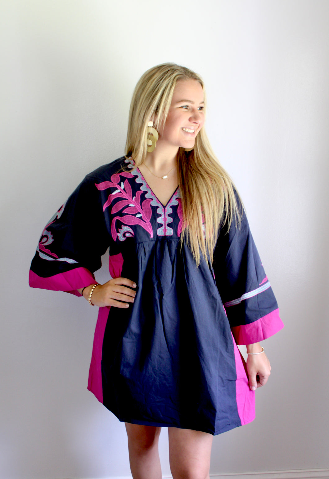 Navy pink boho dress