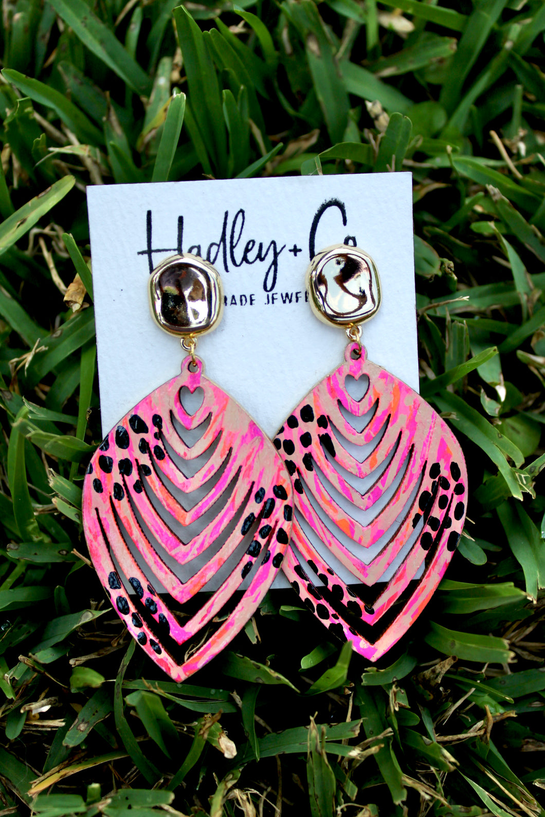 Pink spotted wooden Hadley + co earrings
