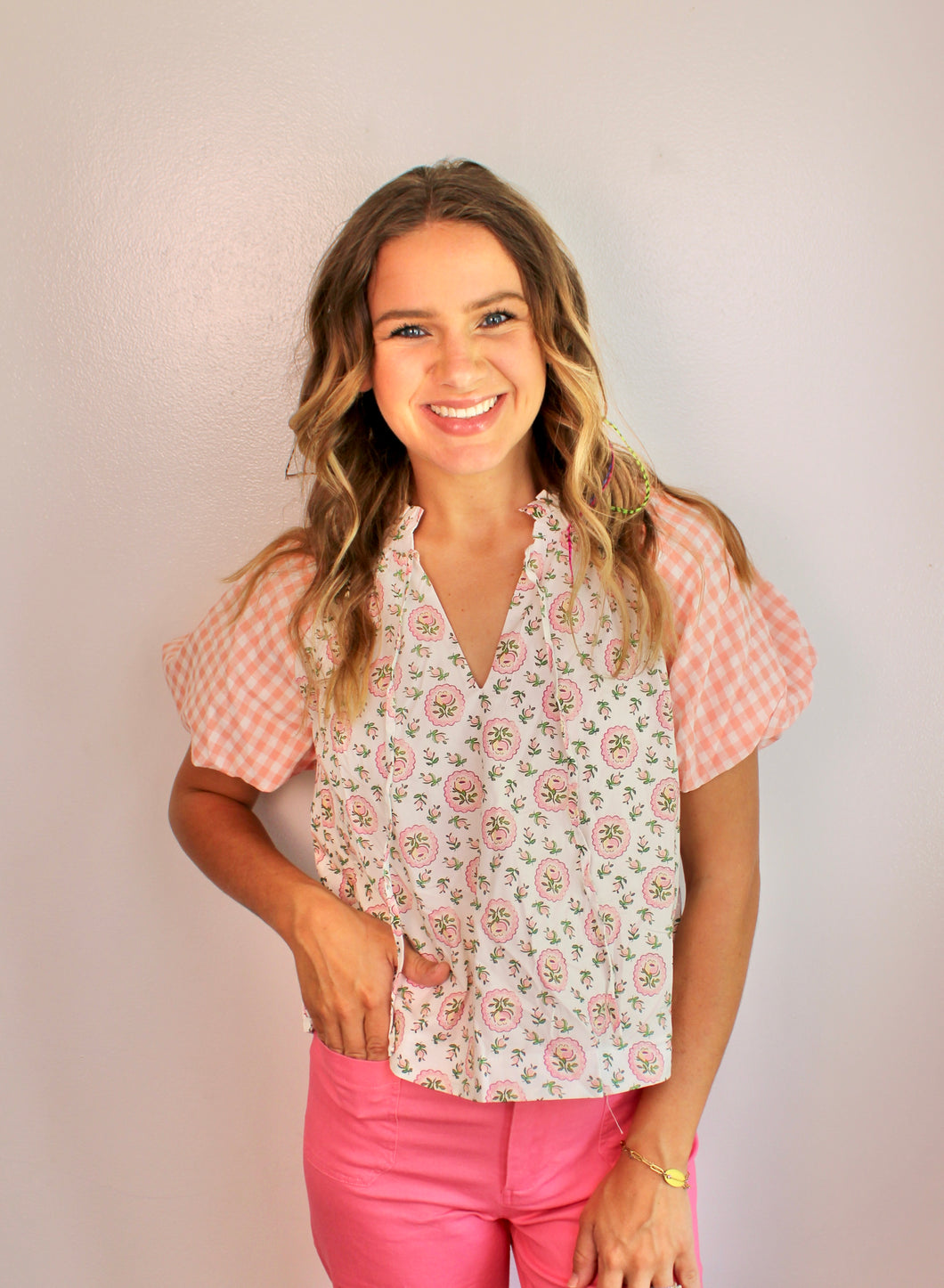 Contrast printed bubble sleeve top