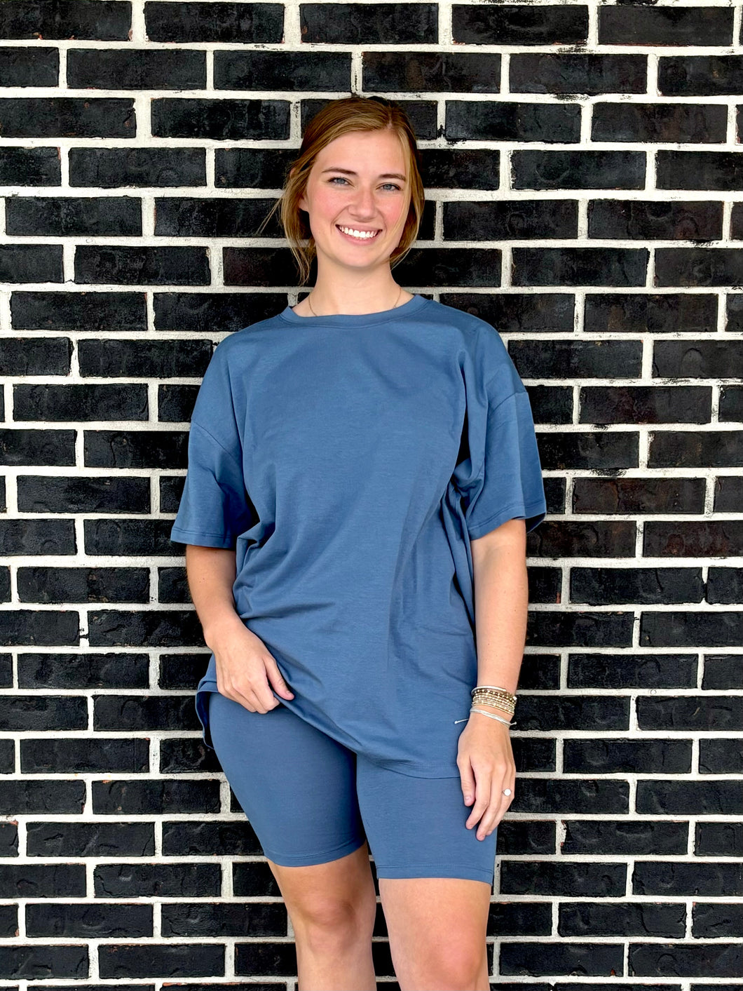 Dusty blue biker shorts set