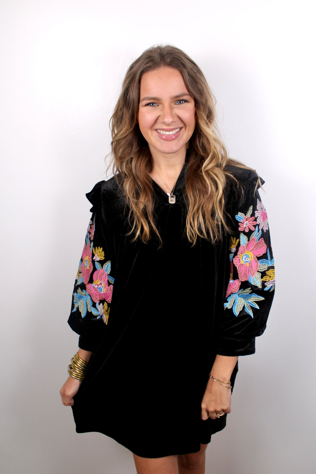 Black velvet embroidered dress