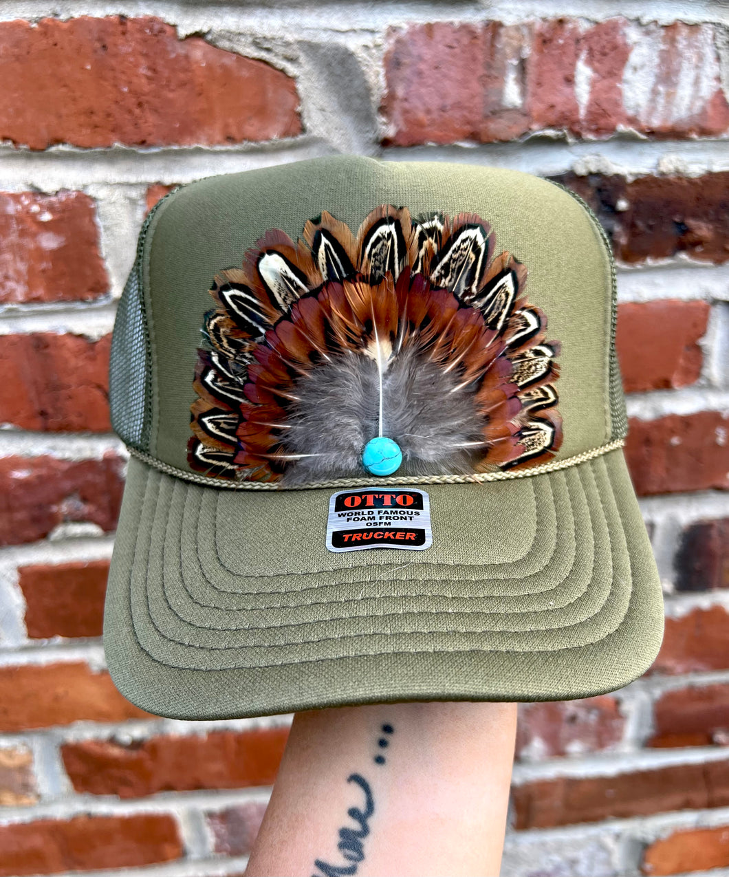 Olive green feather trucker hat- hart designs