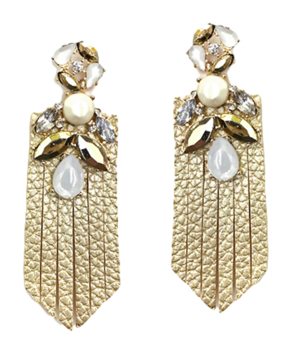 Gold leather stoned earrings