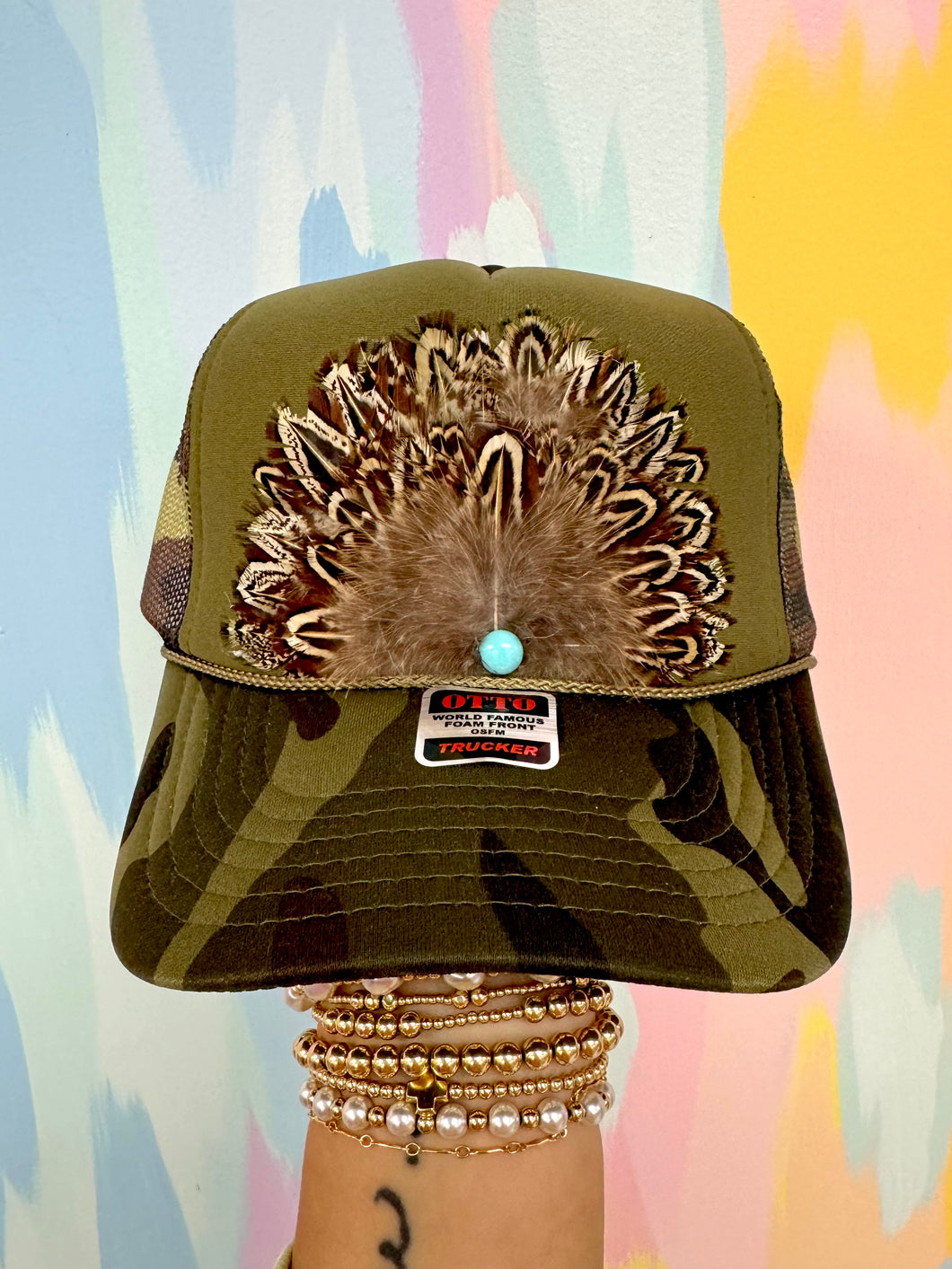 Olive green camo feather trucker hat- hart designs