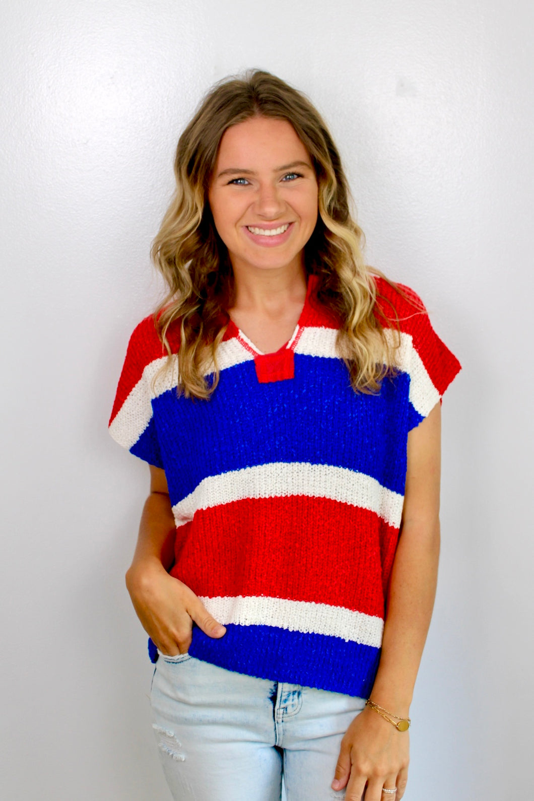 Red blue knit top