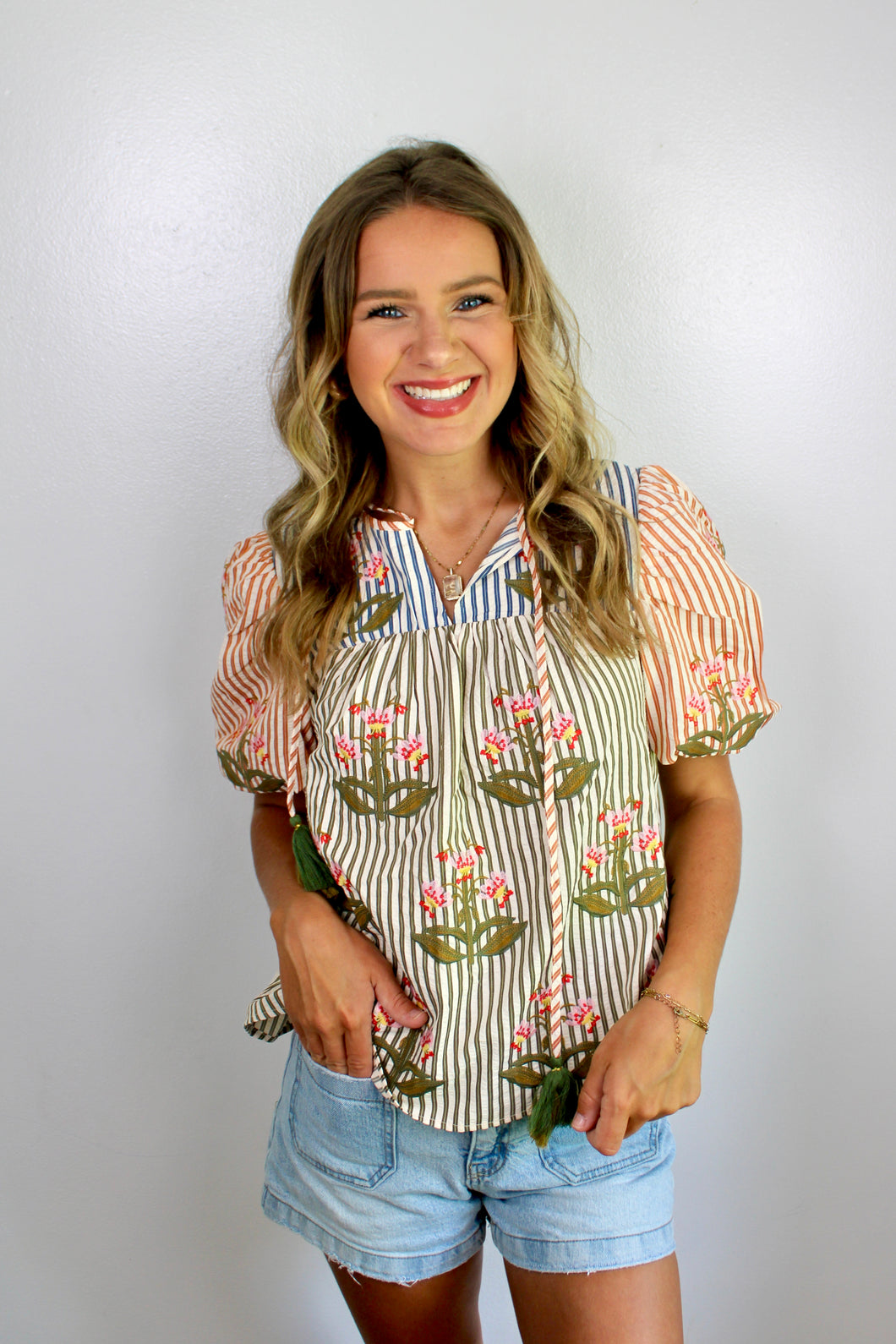 Stripe colorblock embroidered top