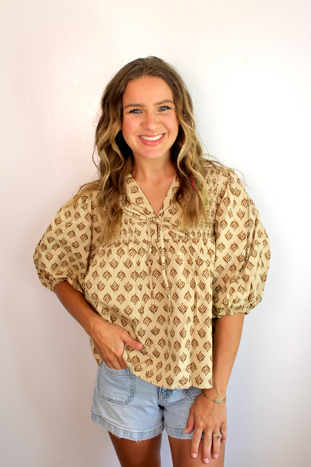 Printed brown tie top