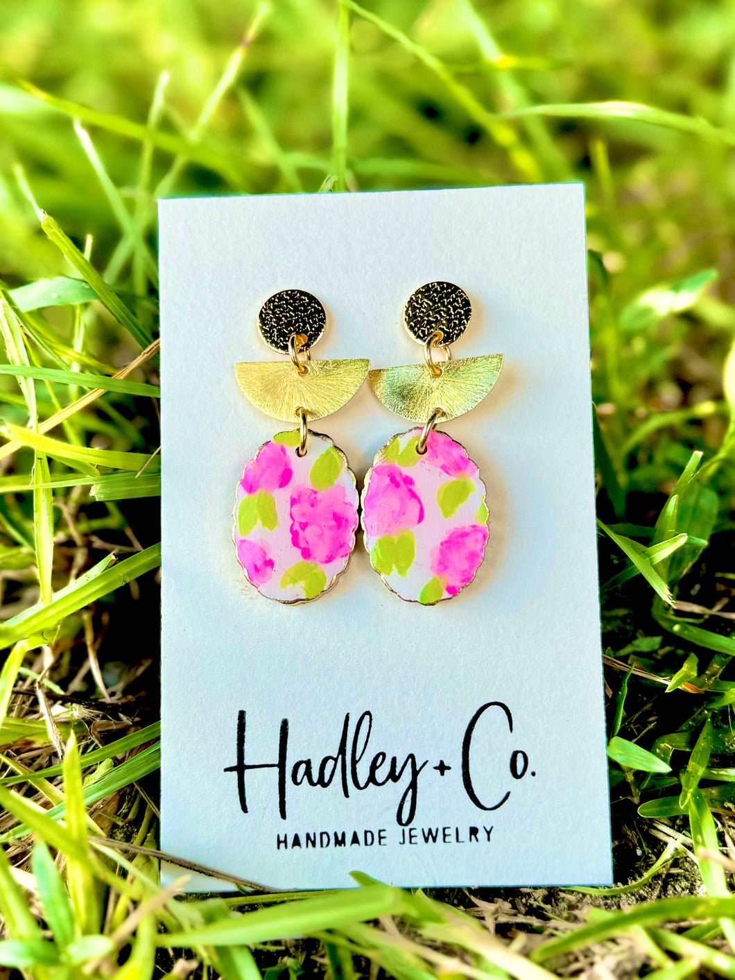Pink floral gold scalloped Hadley + co earrings