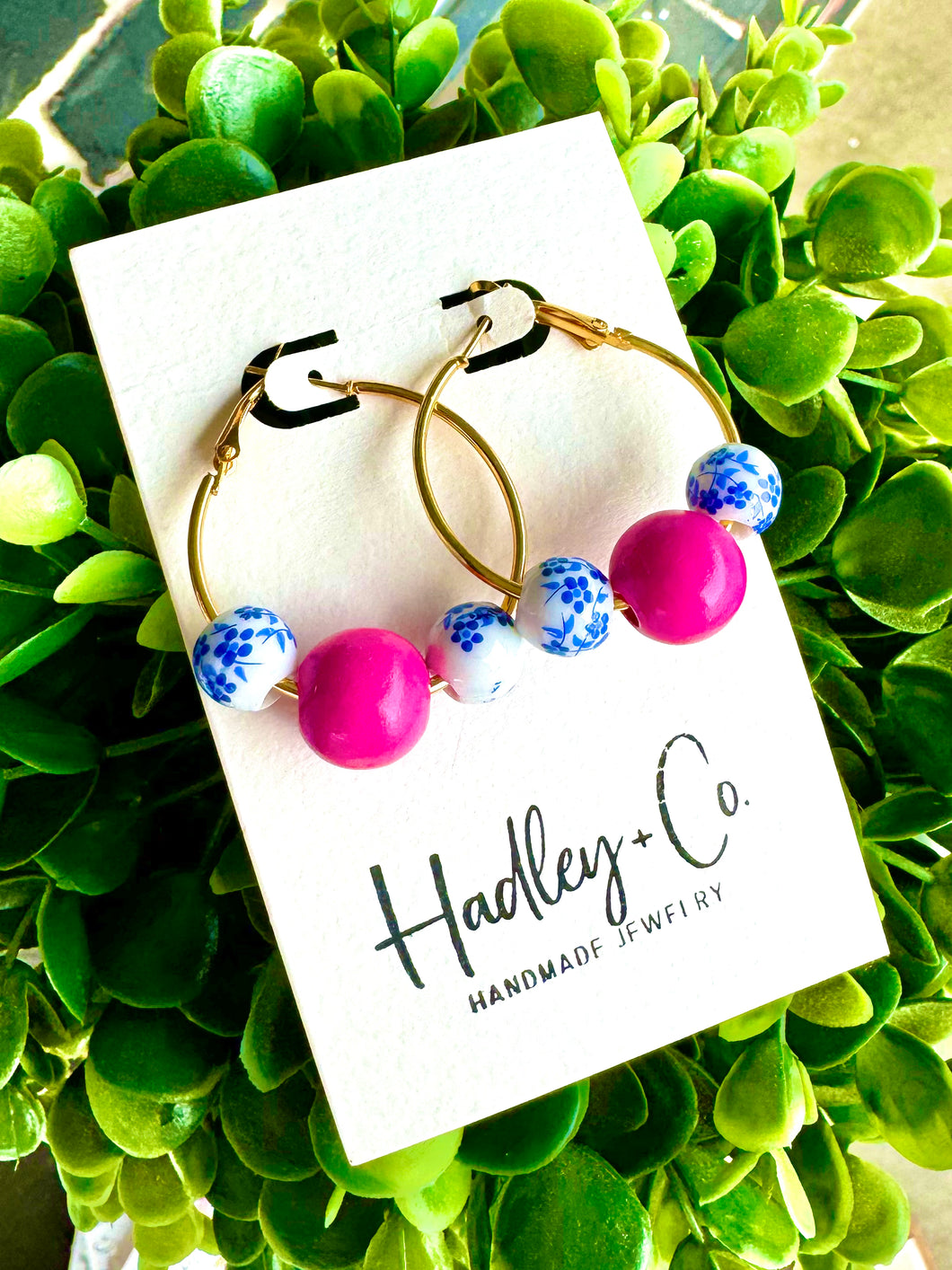 Blue floral pink beaded Hadley + co earrings