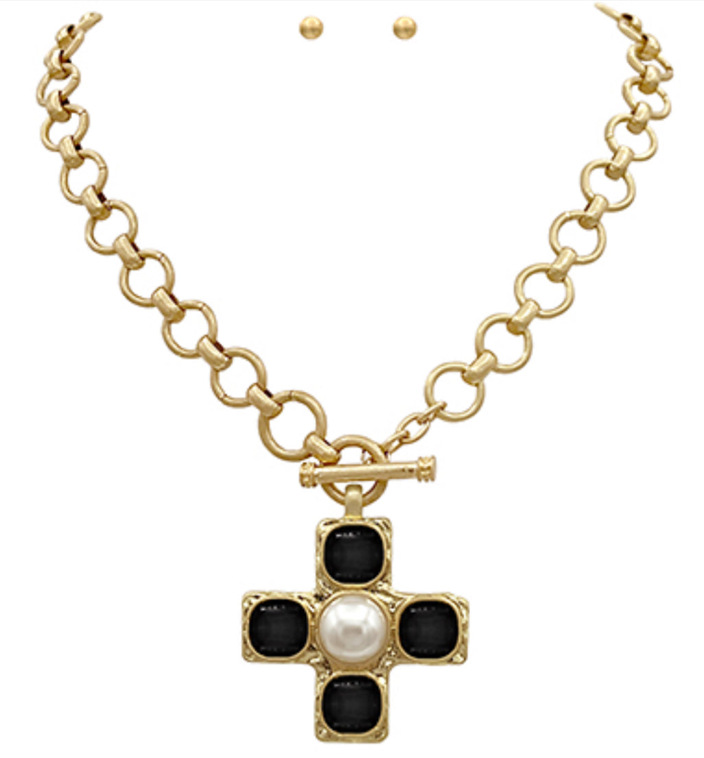Black gold pearl cross necklace