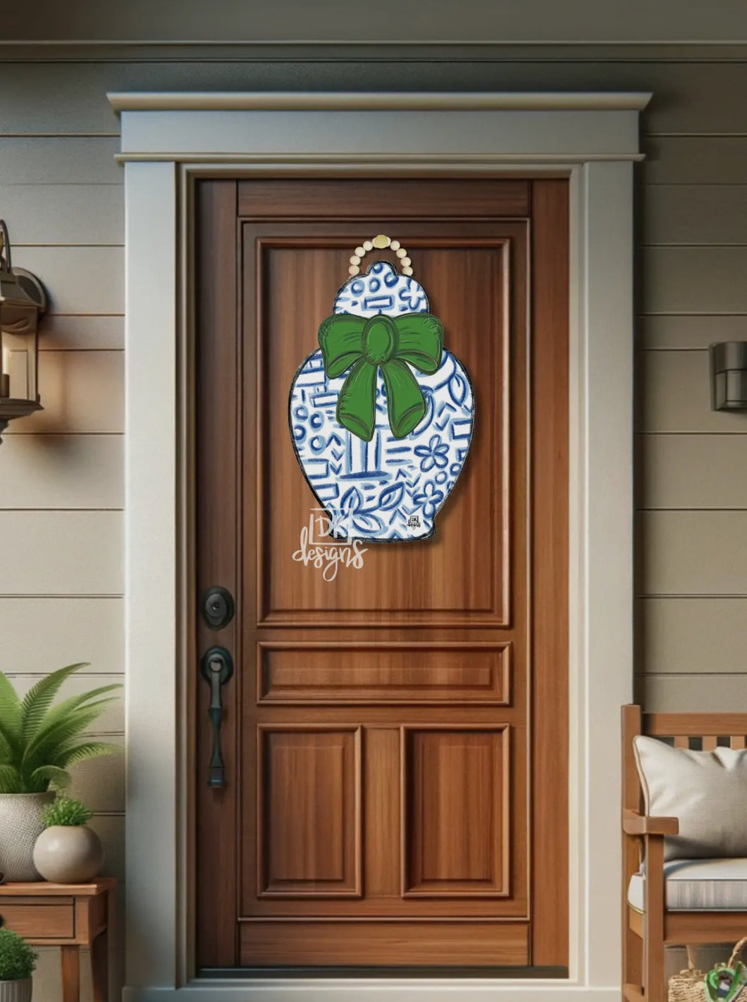 Green bow chinoiserie door hanger