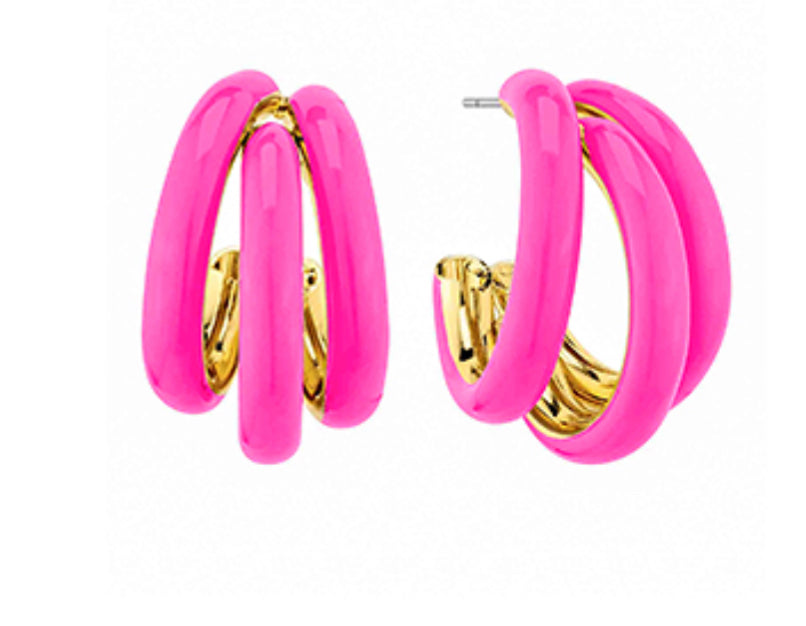 Pink three row hoop earrings