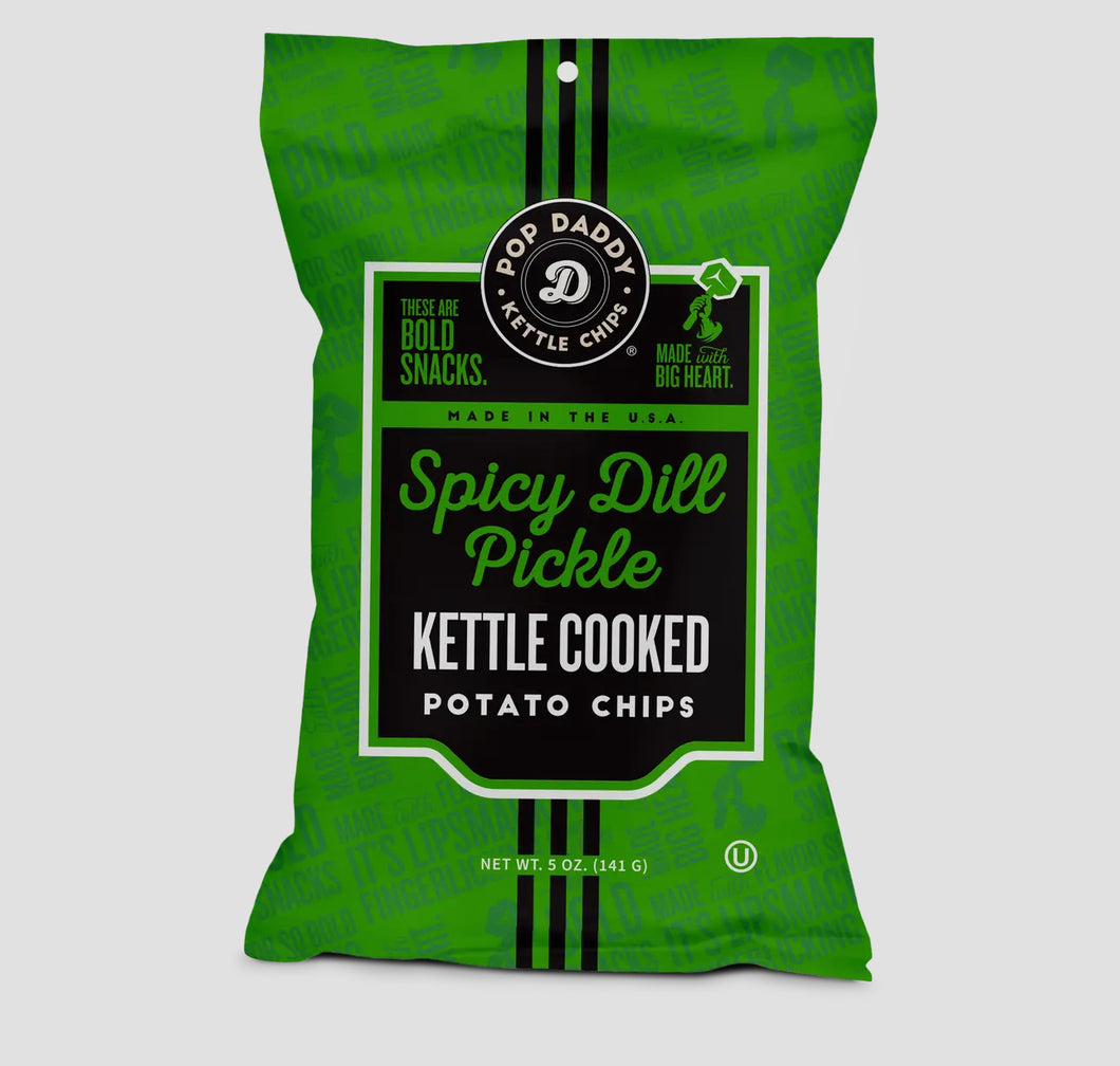 Spicy dill pickle kettle cooked chips- pop daddy chips