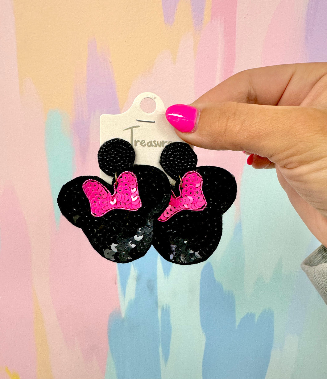 Pink sequin bow mouse earrings