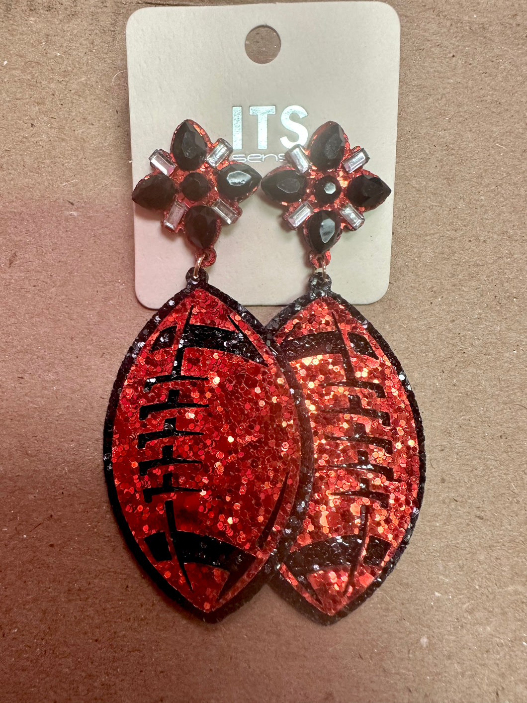 Red black glitter football earrings