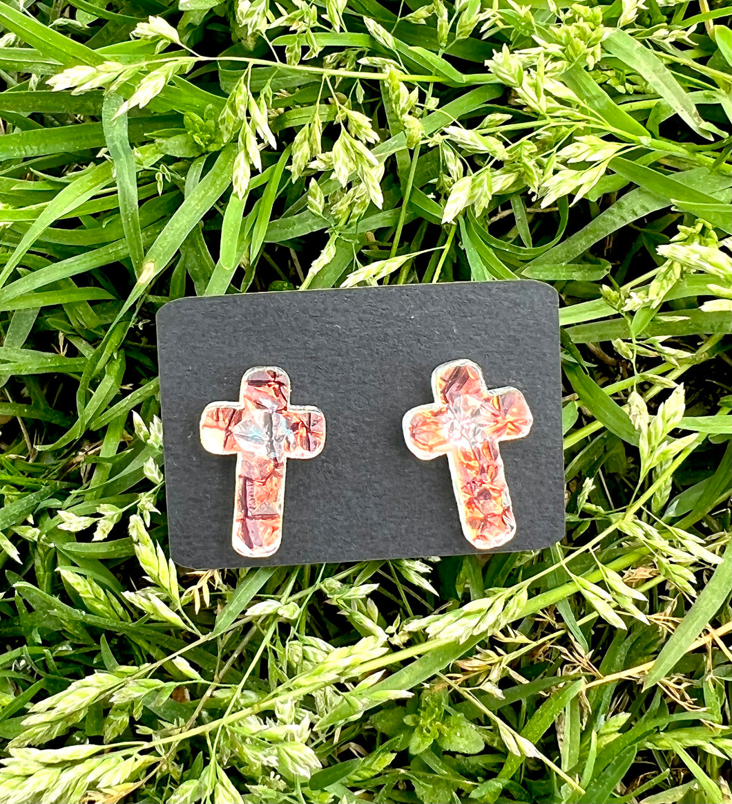 Opal textured cross stud earrings