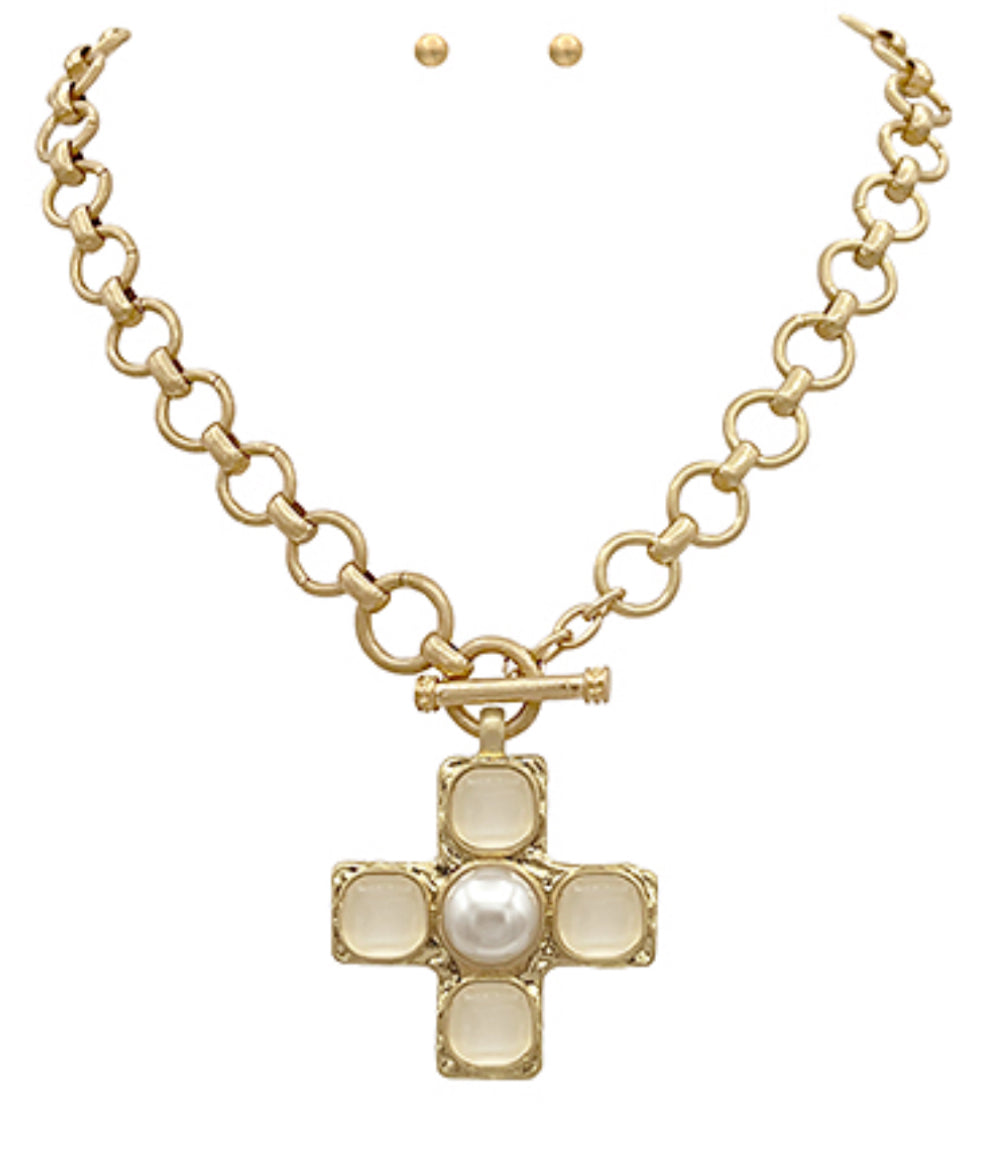 Cream gold cross peal necklace