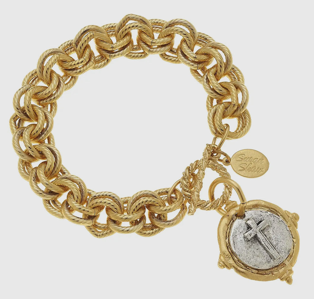 Gold and silver Italian intaglio cross bracelet- Susan Shaw